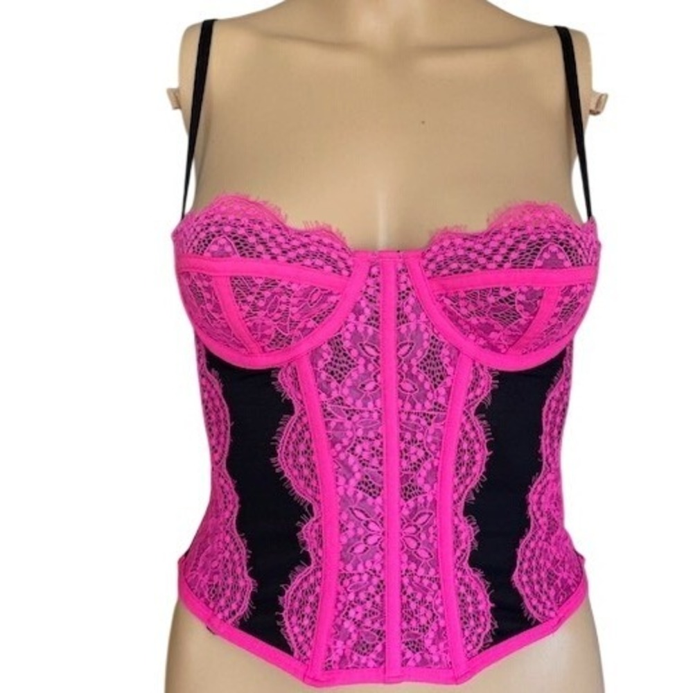 Pink & Black Floral Lace Underwire Corset Bustier Top w/ Boning Fairy Goth